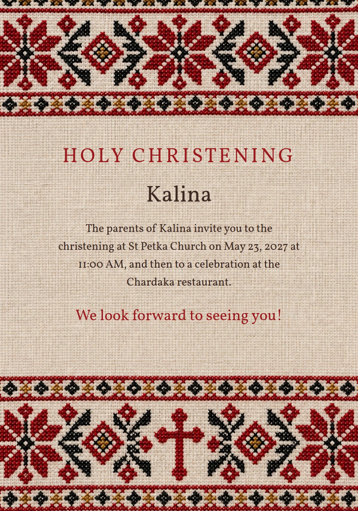 Folk Embroidery Christening Invitation