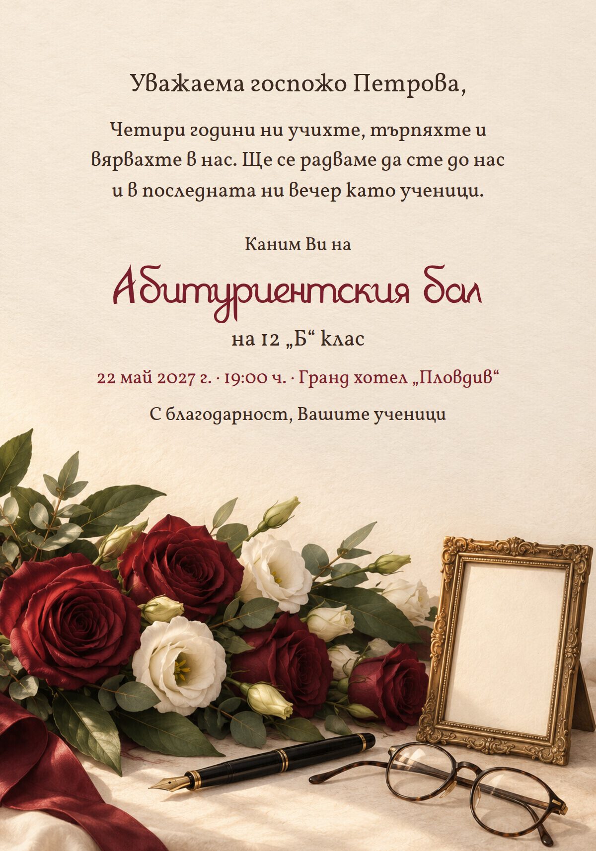 Покана за абитуриентски бал на класен ръководител