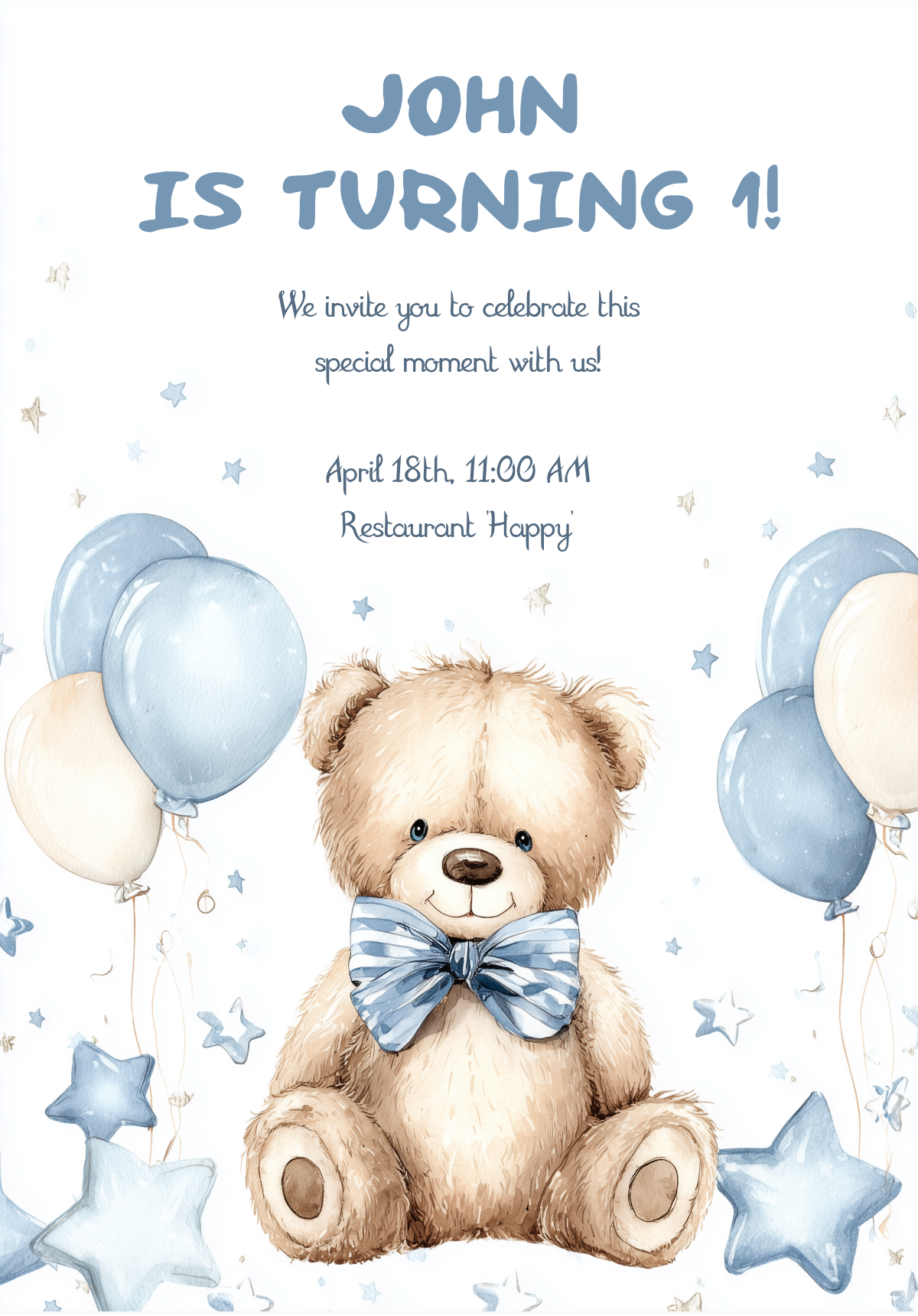 Blue Teddy Bear with Balloons