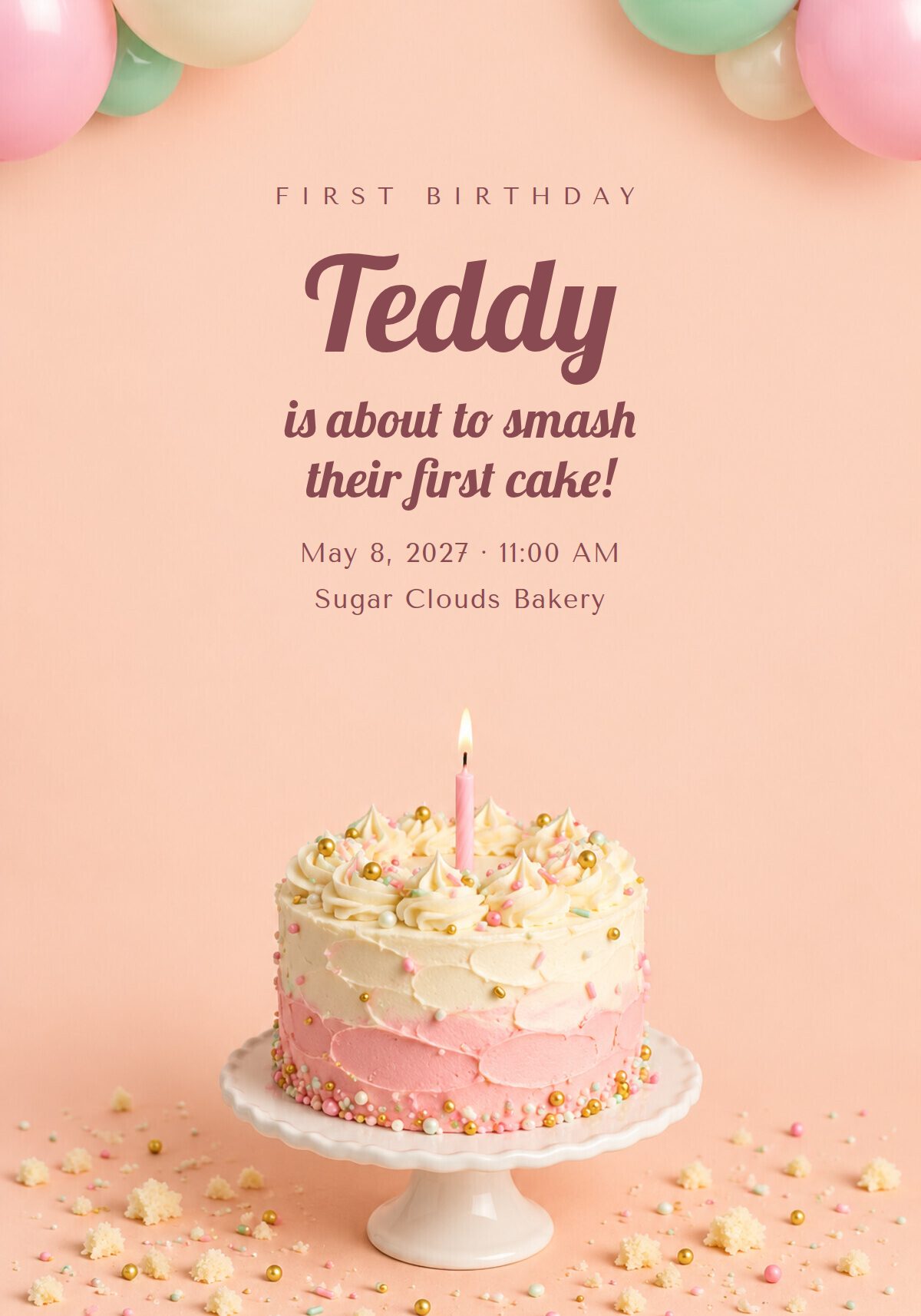 Smash Cake First Birthday Invitation