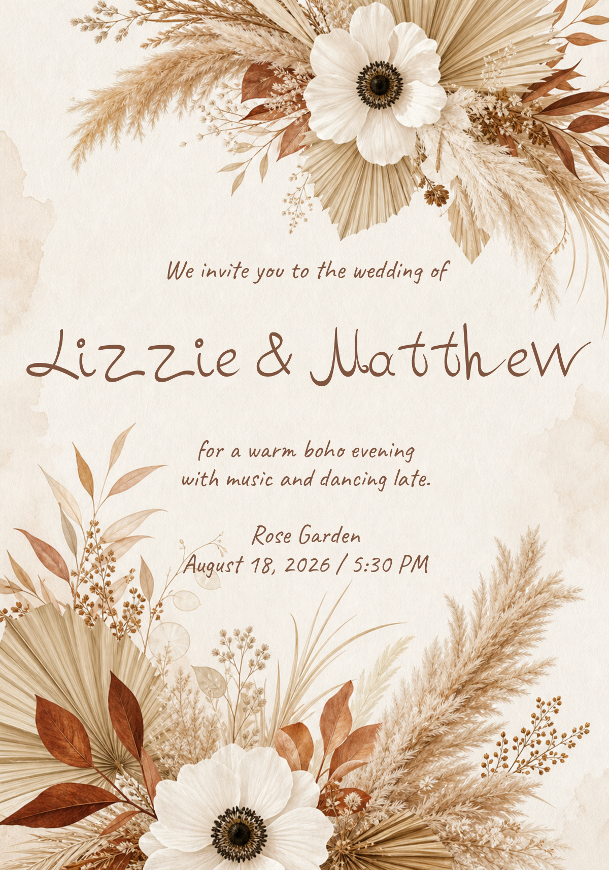 Boho Pampas Wedding Invitation