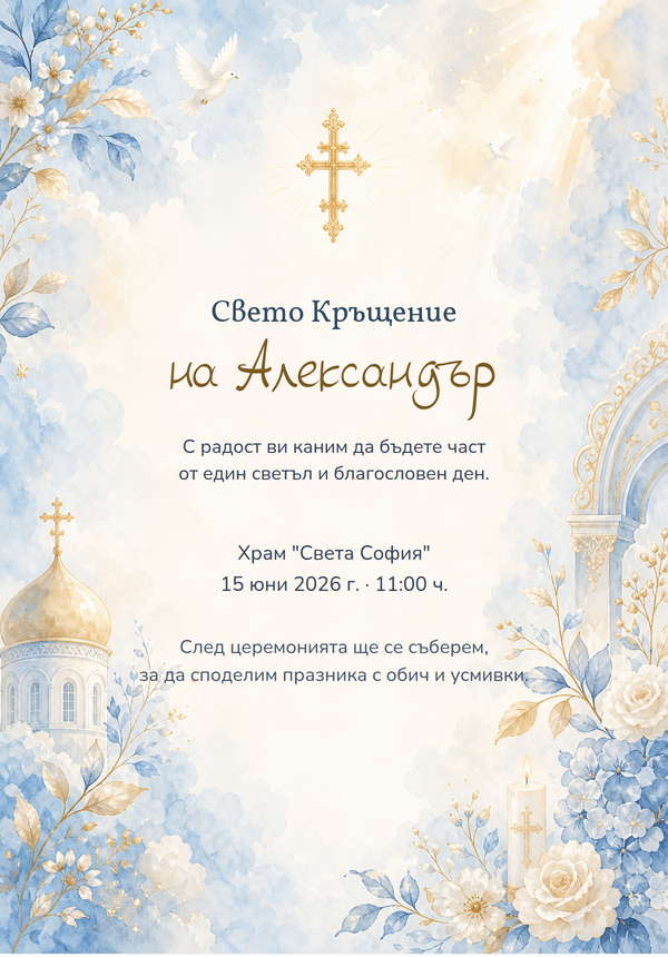 Покана за кръщене със златна рамка