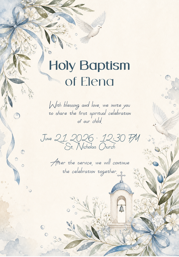 Baptism invitation with doves and olive branches