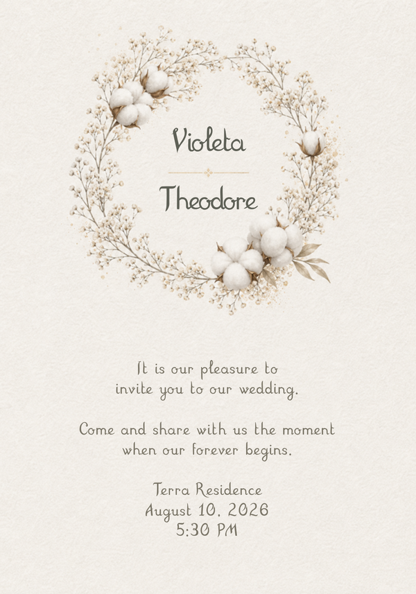 Minimal Cotton Wreath Wedding Invitation
