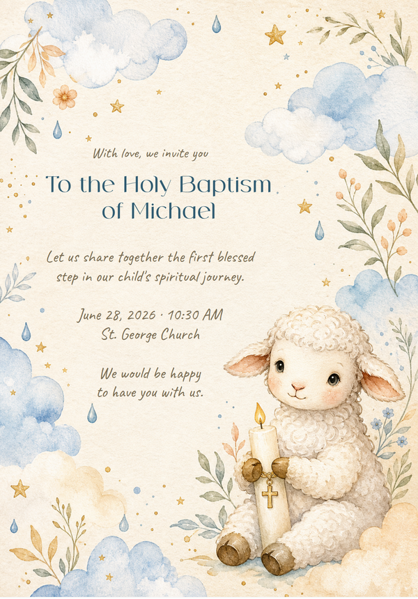 Baptism invitation with lamb, clouds and stars